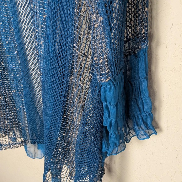 Vintage Lilly Blue Mesh Crinkle Trim Cardigan Open Duster Boho Sheer Festival M - Picture 7 of 8